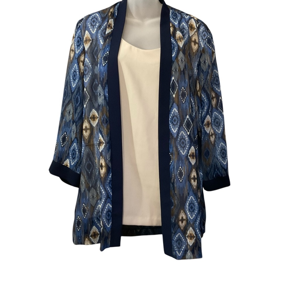 R&M Richards 18 Layered Blue Gold Patterned Sheer 3/4 Sleeve Attached Beige Top